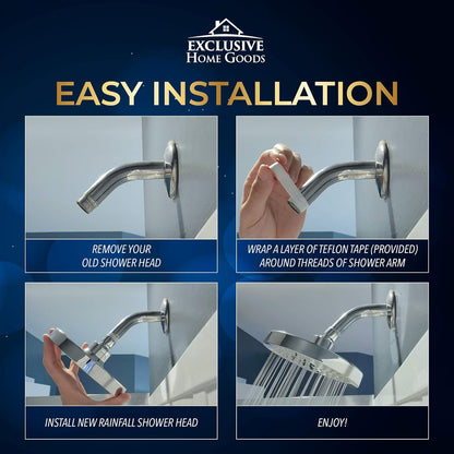 Rainfall Shower Head - 6" High Pressure Shower Heads 2.5 GPM Matte Black Shower Head with Anti-Clog 90 Rubber Jets - 360° Rotation Adjustable Shower Head - Rustproof Bathroom Shower Head