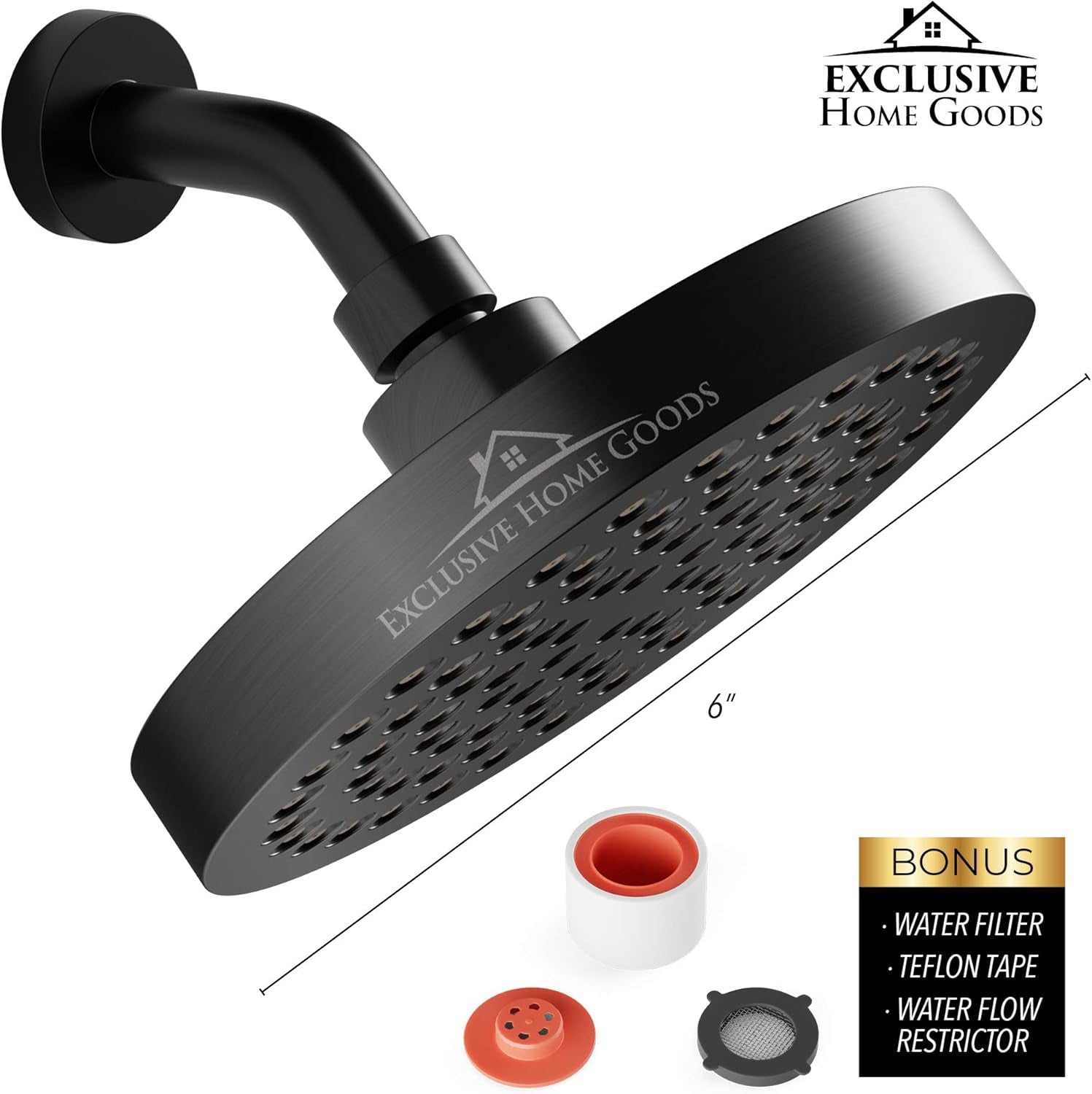 Rainfall Shower Head - 6" High Pressure Shower Heads 2.5 GPM Matte Black Shower Head with Anti-Clog 90 Rubber Jets - 360° Rotation Adjustable Shower Head - Rustproof Bathroom Shower Head