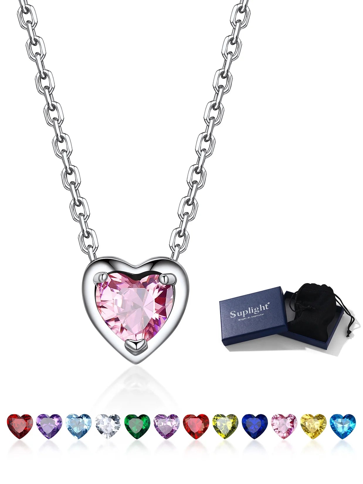 Silver Necklace for Women 925 Sterling Silver Birthstone Love Heart Necklace