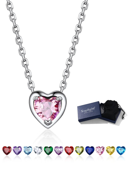 Silver Necklace for Women 925 Sterling Silver Birthstone Love Heart Necklace