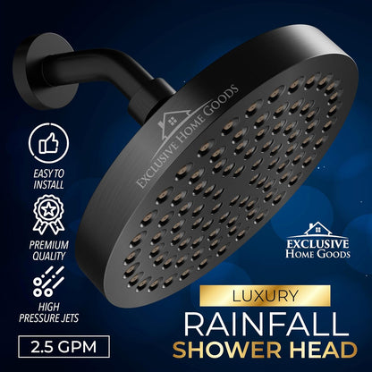 Rainfall Shower Head - 6" High Pressure Shower Heads 2.5 GPM Matte Black Shower Head with Anti-Clog 90 Rubber Jets - 360° Rotation Adjustable Shower Head - Rustproof Bathroom Shower Head